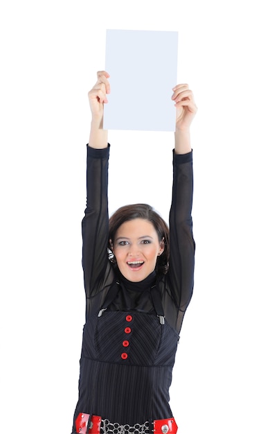 Beautiful businesswoman with a white banner isolated on a white background