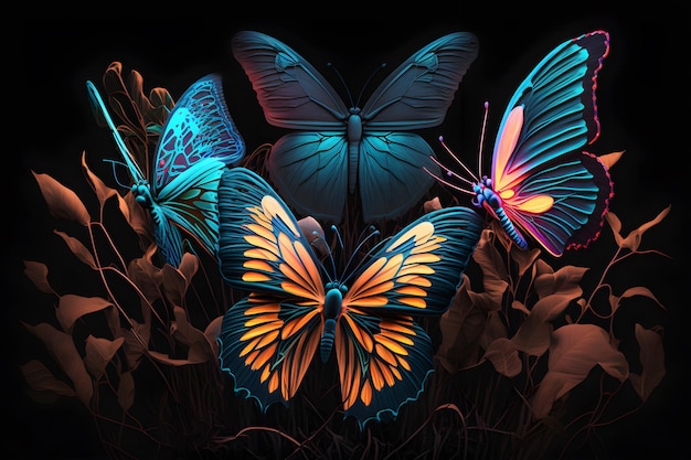 Beautiful butterflies on dark background generative ai