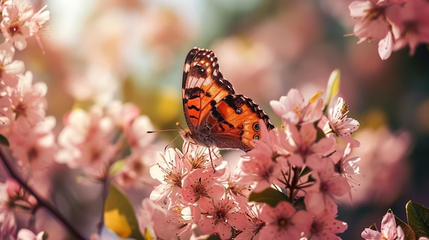 Beautiful butterflies on delicate pink flowers selective focus Generative AI