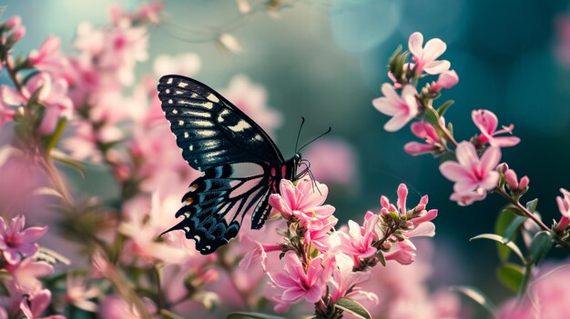 Beautiful butterflies on delicate pink flowers selective focus Generative AI