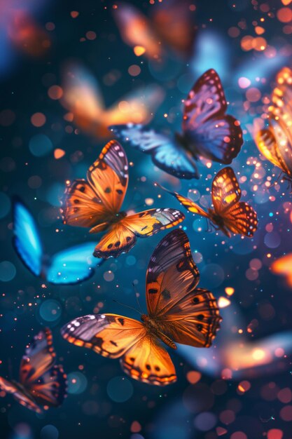 Beautiful butterflies flying in the night sky magic