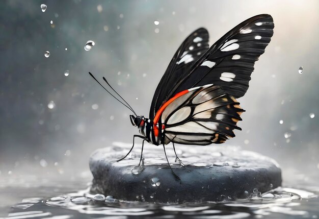 beautiful butterfly in drops of dew closeup