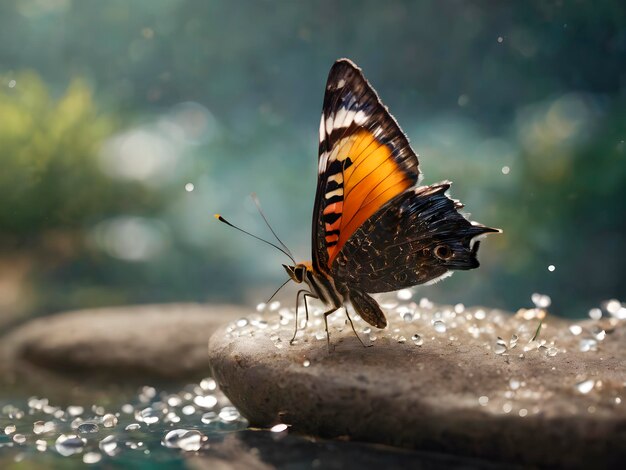 a beautiful butterfly in drops of dew sits on a stone closeup