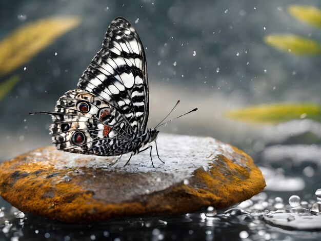 a beautiful butterfly in drops of dew sits on a stone closeup