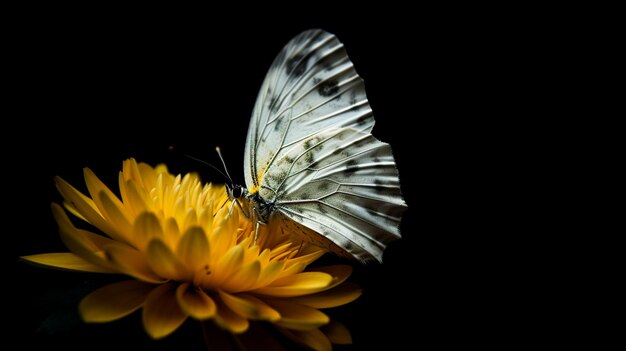 Beautiful butterfly on a flower on a black background Generative AI