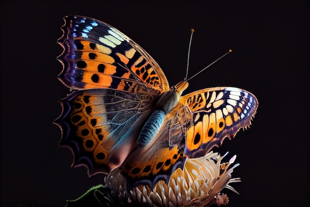 Beautiful butterfly on a flower on a black backgroundgenerative ai