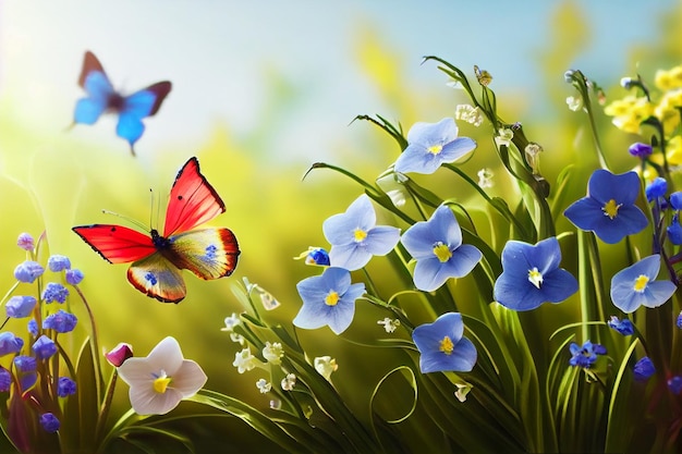 Красивая бабочка летает вокруг цветка