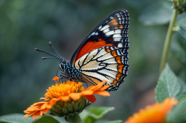 写真 美しい蝶が花の上に横たわっている