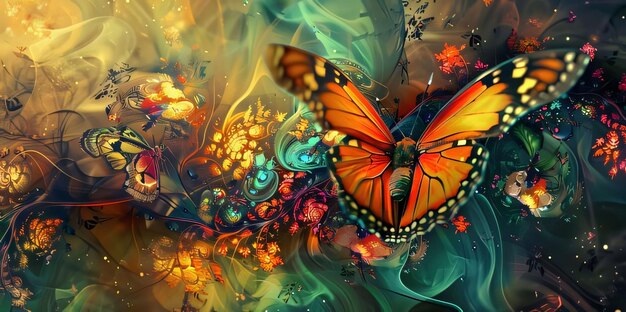 写真 アブストラクトなカラフルな背景に美しい蝶 3dレンダリングイラスト