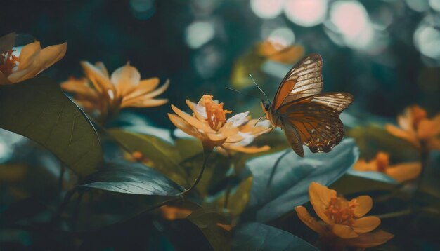 Beautiful butterfly on orange flowers and green leaves Nature and wildlife
