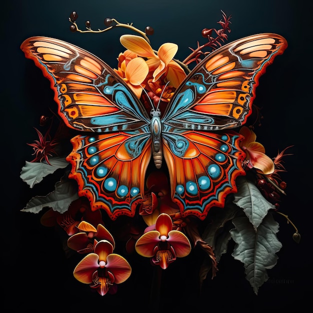 a beautiful butterfly resting on an orchid in the style of detailed science fiction illustrations