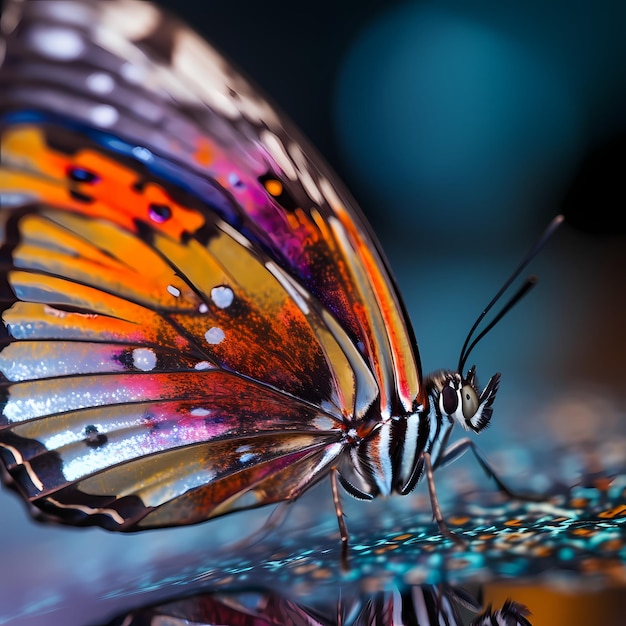 Beautiful butterfly resting on a reflective surface realistic painting