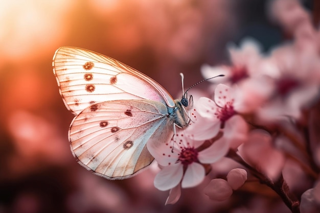 A beautiful butterfly sits on a flowering branch Generative AI