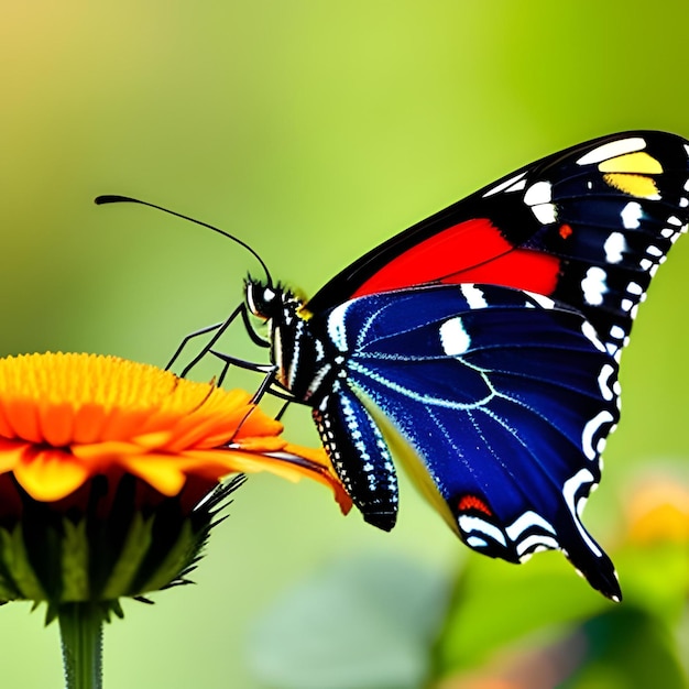 Beautiful butterfly sucking nectar from a bright yellow flowers stamens