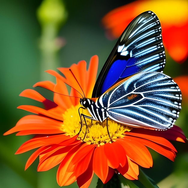 Beautiful butterfly sucking nectar from a bright yellow flowers stamens