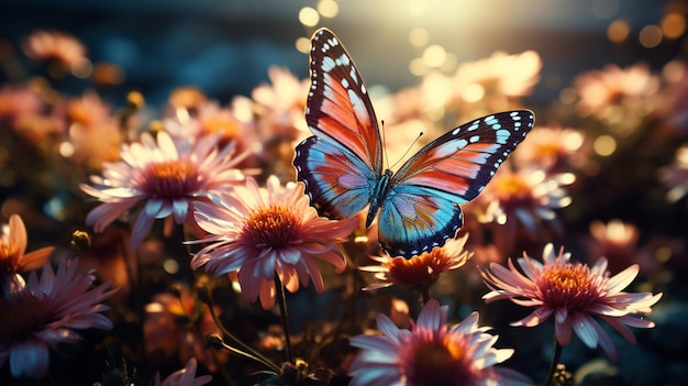 Beautiful butterfly among wild flowers blurred background