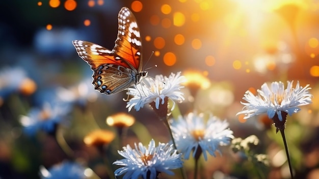 Beautiful butterfly among wild flowers blurred background