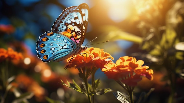 野生の花の中で美しい蝶が背景をぼかした写真