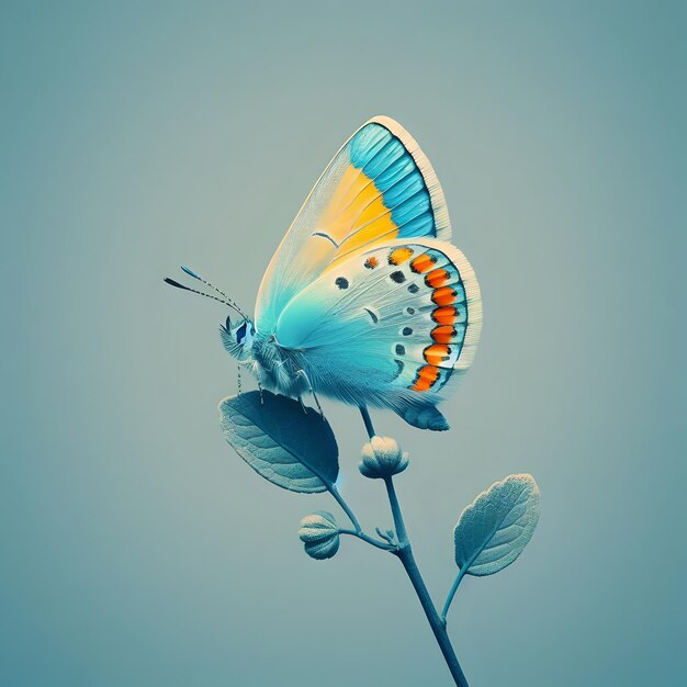 Photo beautiful butterfly with branch with flat color background