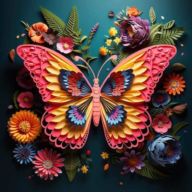 Beautiful butterfly with flowers on a dark background Vector illustration Ai Generated