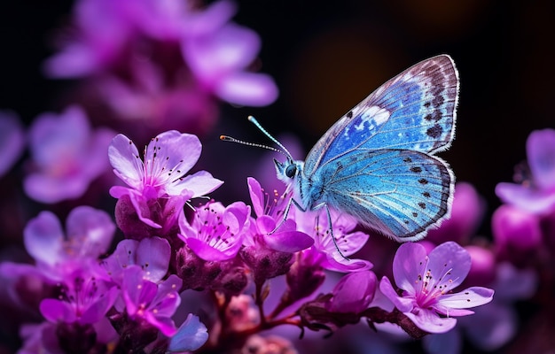Beautiful butterfly with purple and blue hues perches delicately on a vibrant anemone forest flower