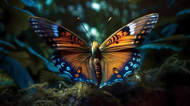 어두운 배경에 날개를 펼친 아름다운 나비