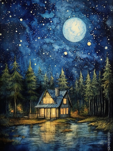 beautiful cabin in a forest illustration