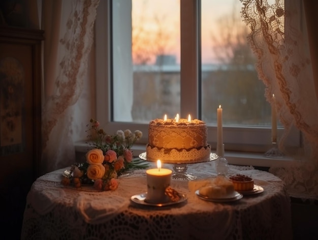 Beautiful cake candles and tea set on the table by the window at sunset