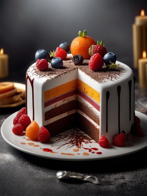 Photo beautiful cake decoreted by fruits