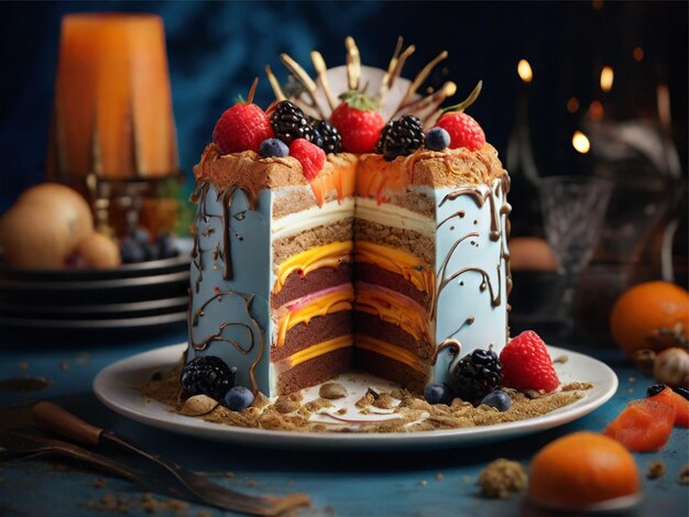 beautiful cake decoreted by fruits