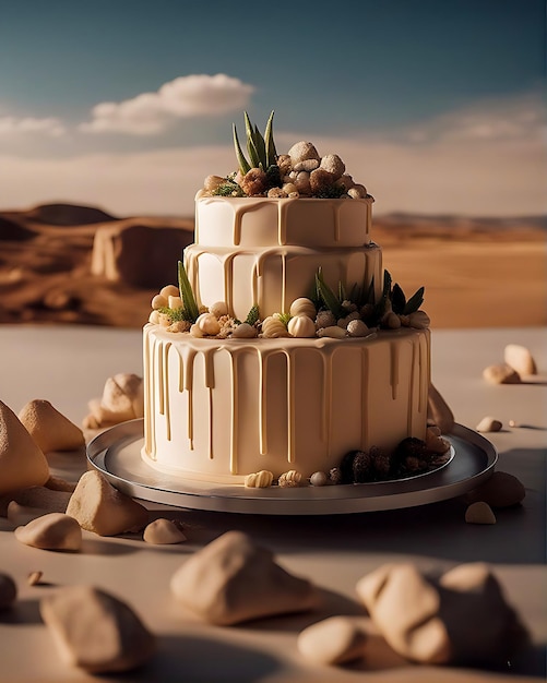 Beautiful cake which is located in natural landscape and mountains that look like beautiful cakes