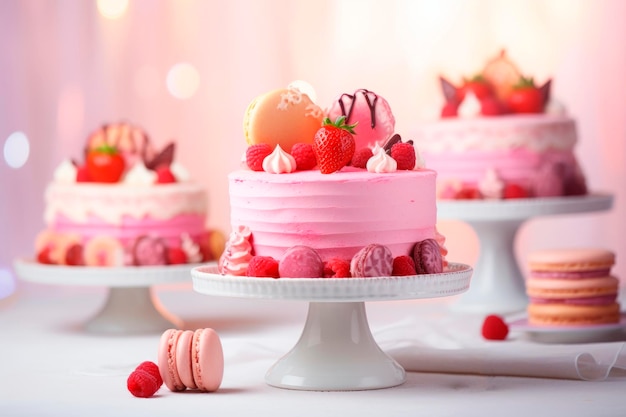 Beautiful cakes and desserts in pink tones on a pink background wedding cake birthday cake valentine