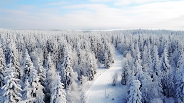Красивый и спокойный зимний пейзаж, вид с дрона на красивый северный еловый лес