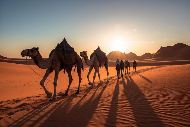 Photo beautiful camel caravan in the desert at sunrise