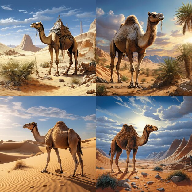 Beautiful camel caravan in the desert at sunrise