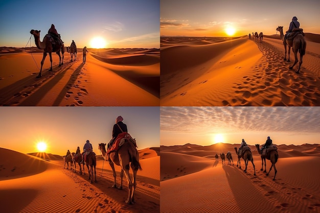 Beautiful camel caravan in the desert at sunrise