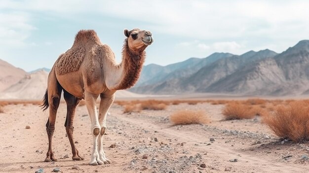 A beautiful camel is standing in the desert