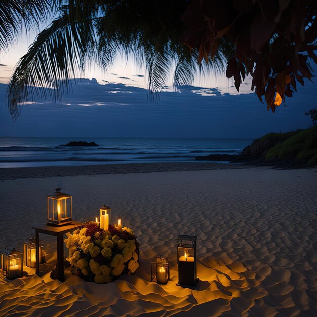 a beautiful candle lite dinner on a beach