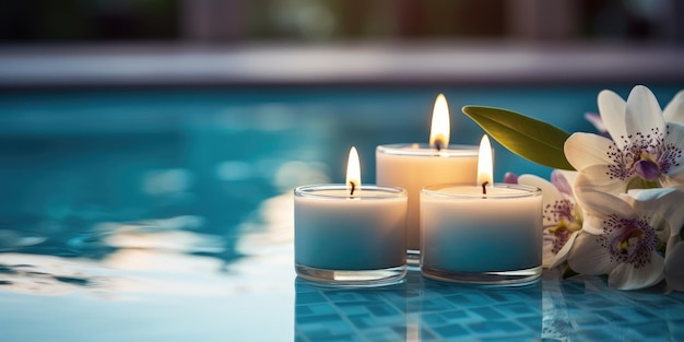 Красивые свечи возле бассейна релакс и романтика Фото высокого качества Generative AI