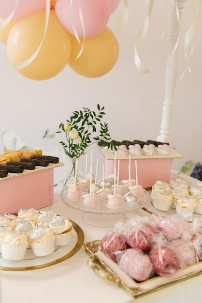 Beautiful candy bar decor with homemade craft marshmallows and cupcakes