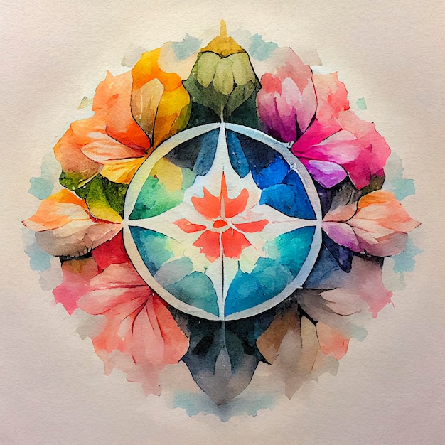 Beautiful card with floral mandala Geometric circle element Card for any kind of design birthday holiday or wedding Watercolor and ink vivid colors yoga zen india arabic 3D illustration