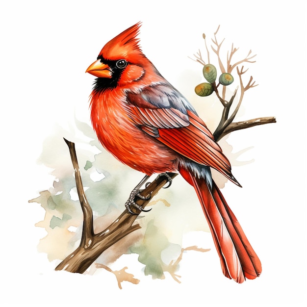 Красивая птица-кардинал на ветке на белом фоне.