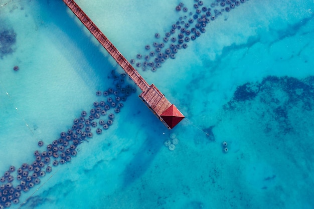 Beautiful caribbean beach in Dominican Republic. Aerial abstract view of tropical idyllic summer landscape with clear transparent blue sea water and wooden red pier