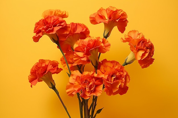 beautiful carnation flowers on table near color wall