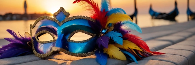 Beautiful carnival mask with colorful feathers on the embankment closeup
