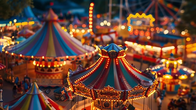 A beautiful carousel at a funfair at night The carousel is lit up with bright lights and there are people riding it