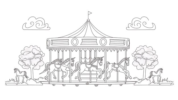 A beautiful carousel with four horses and a unicorn The horses are all different colors and have different saddles