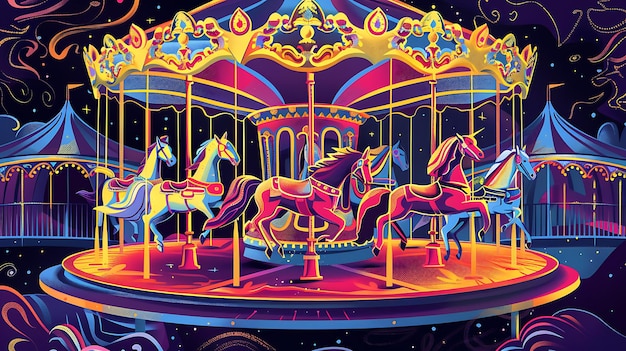 A beautiful carousel with vibrant colors The horses are adorned with intricate details and the carousel is set against a starry night sky