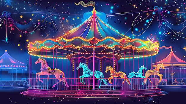 A beautiful carousel with vibrant colors and a starry night sky