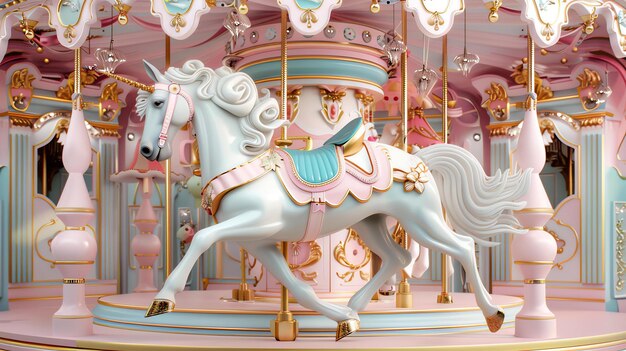 Photo a beautiful carousel with a white unicorn the unicorn is decorated with flowers and has a pink saddle